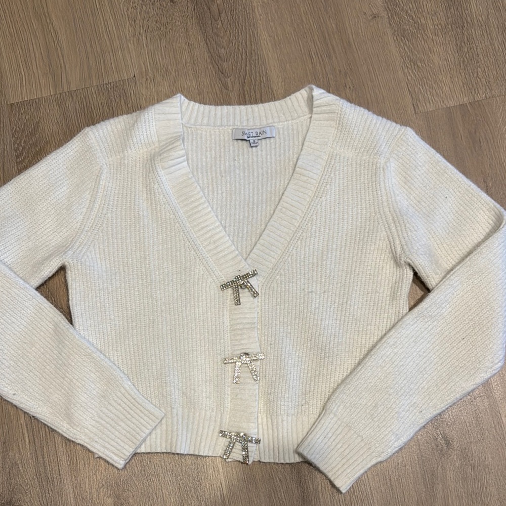 White rhinestone bow sweater w
